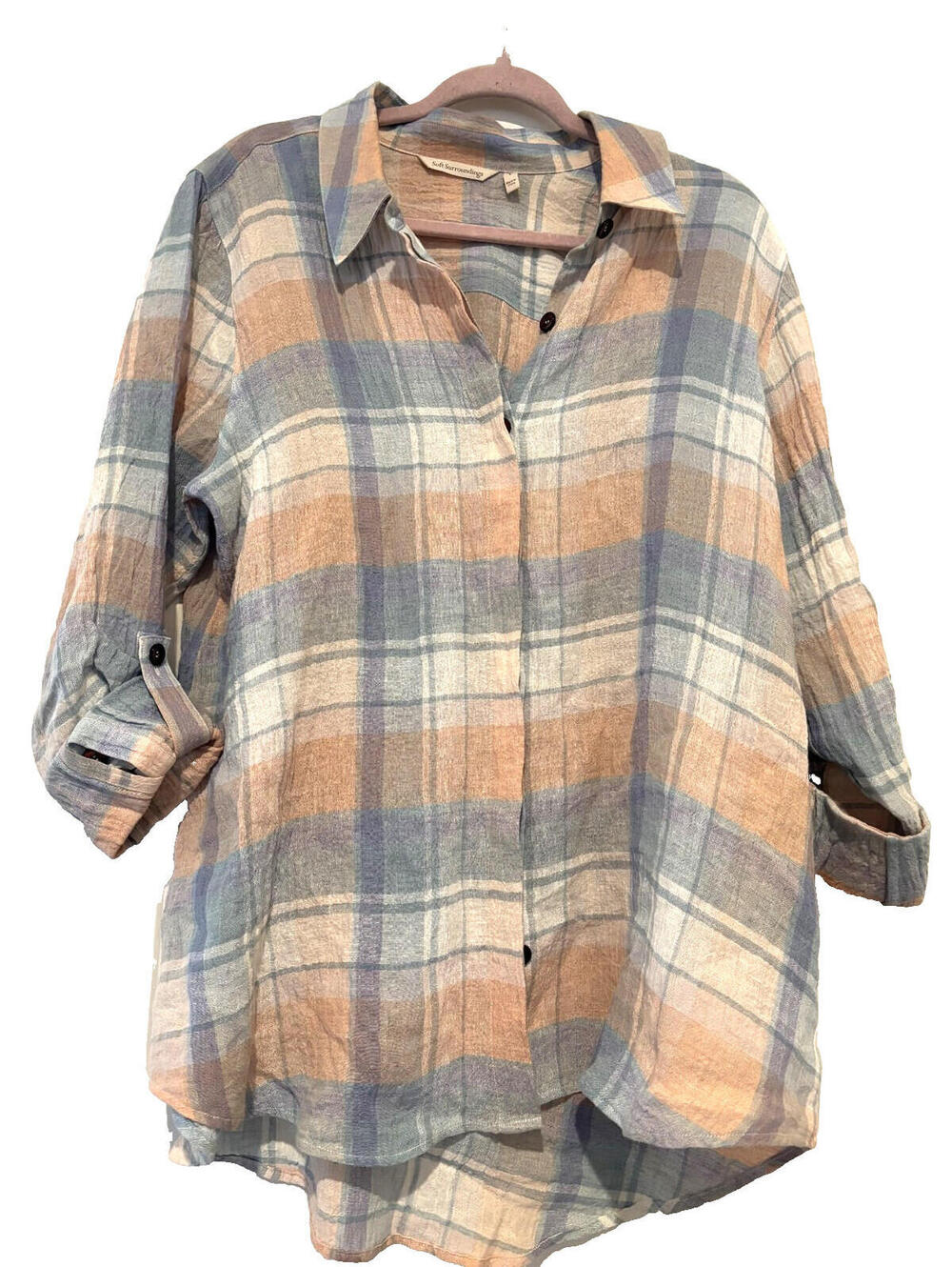 Soft Surroundings sz L‎ linen blue/peach plaid long sleeve button down shirt C - Picture 2 of 3